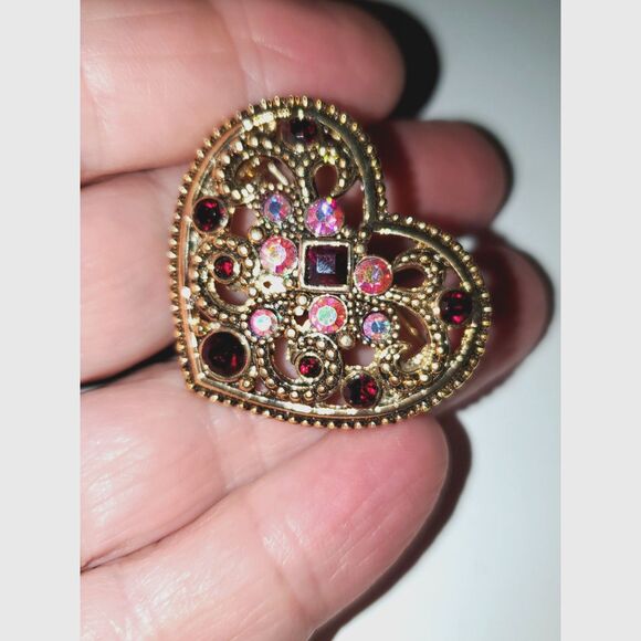 Genuine Crystal Heart Shaped Pin Brooch Recycled Materials Gold Tone Metal - Picture 9 of 10
